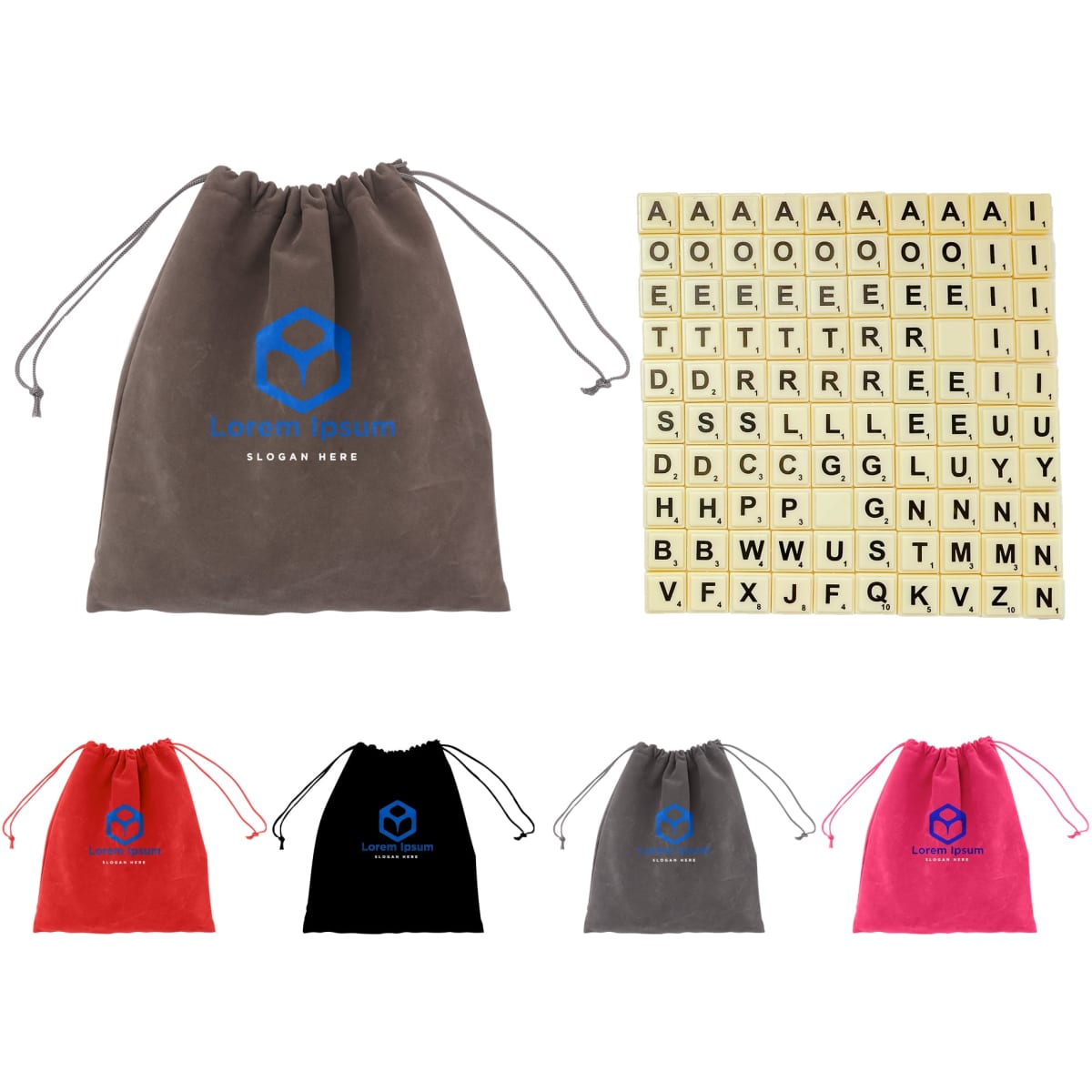 A drawstring bag in grey with a logo, containing wooden alphabet letter tiles in cream and black.