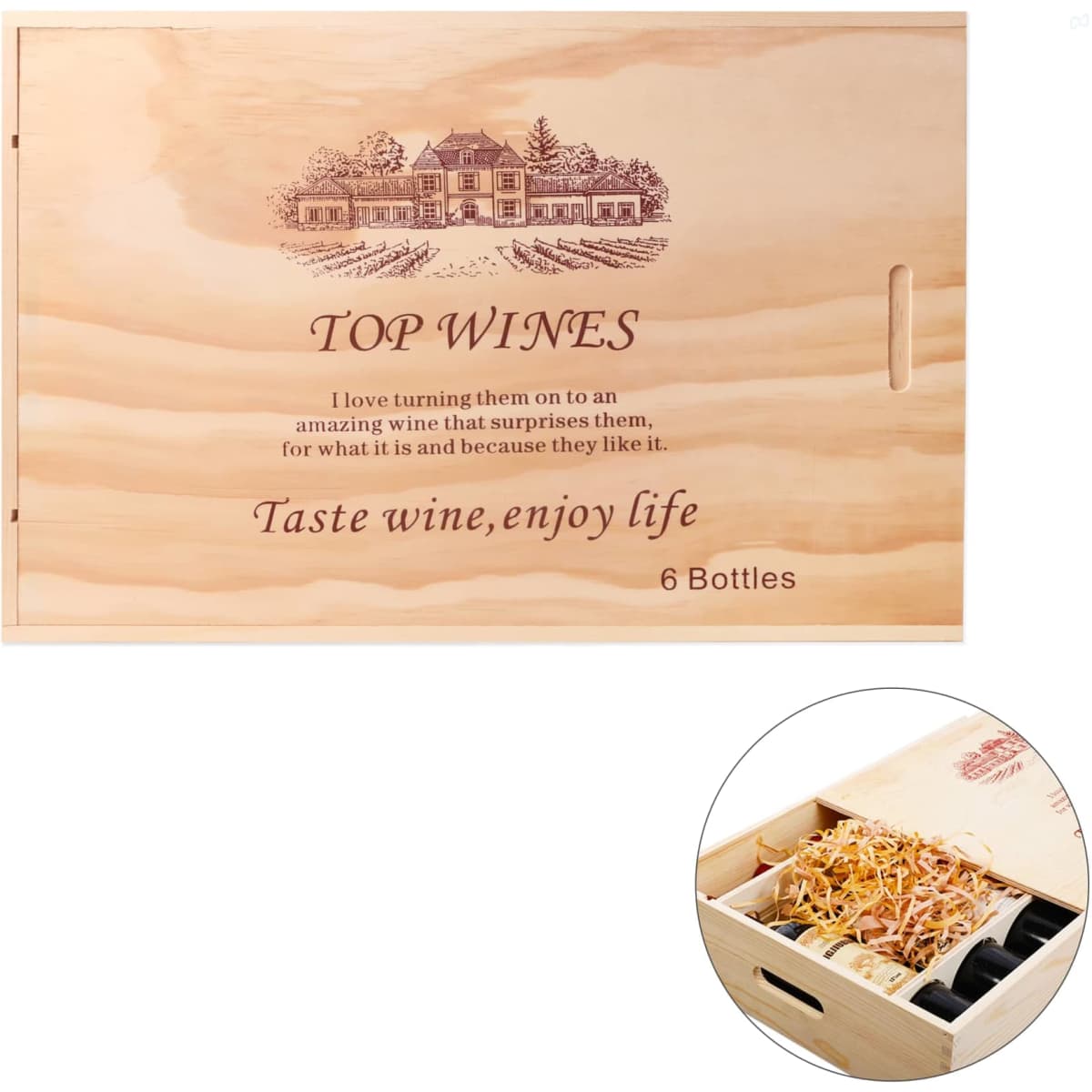 A wooden wine gift box for six bottles, featuring a natural wood finish and an illustrated design. Contains decorative filler.