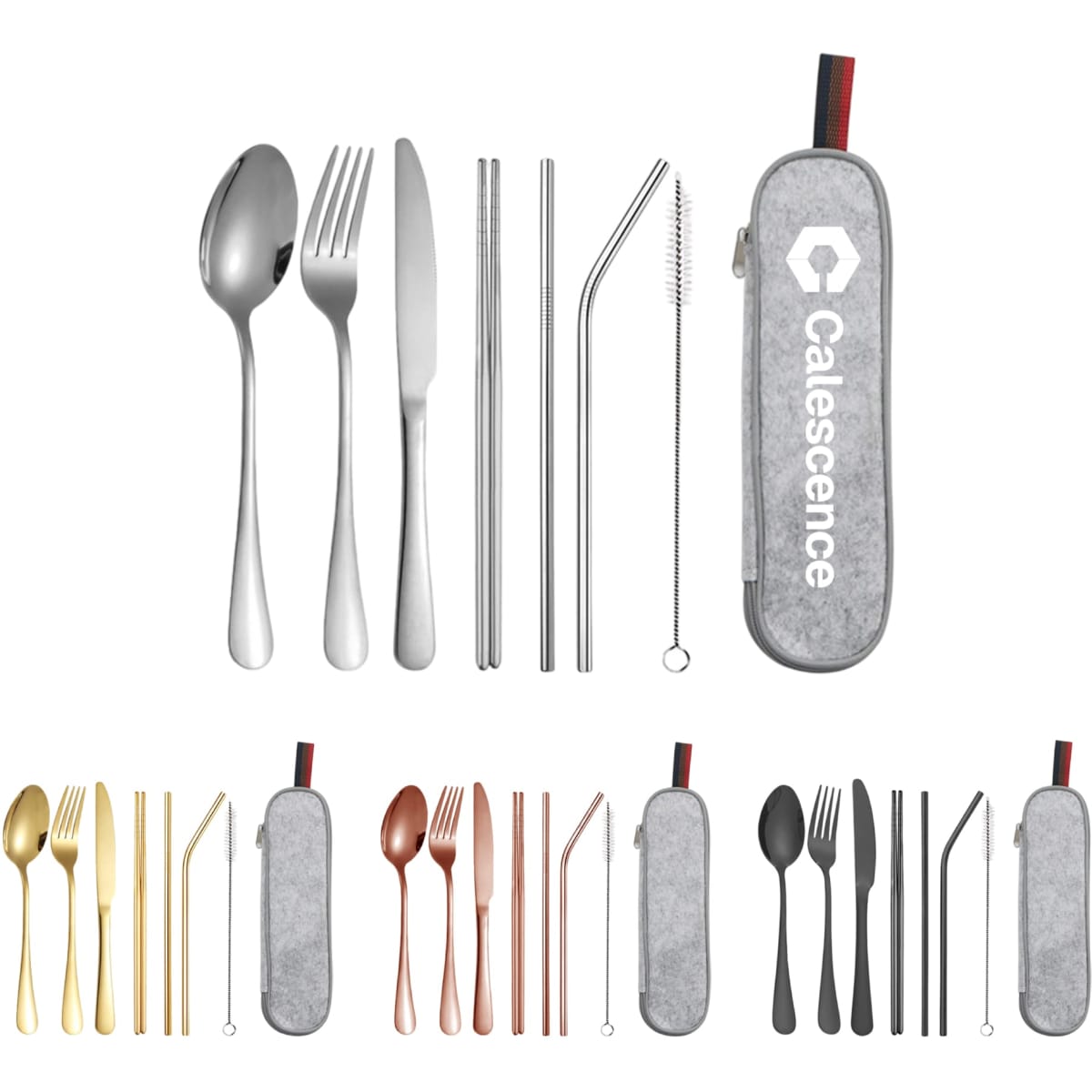 A stainless steel flatware set with seven pieces, including spoons, forks, knives, and straws, in multiple colours with a case.