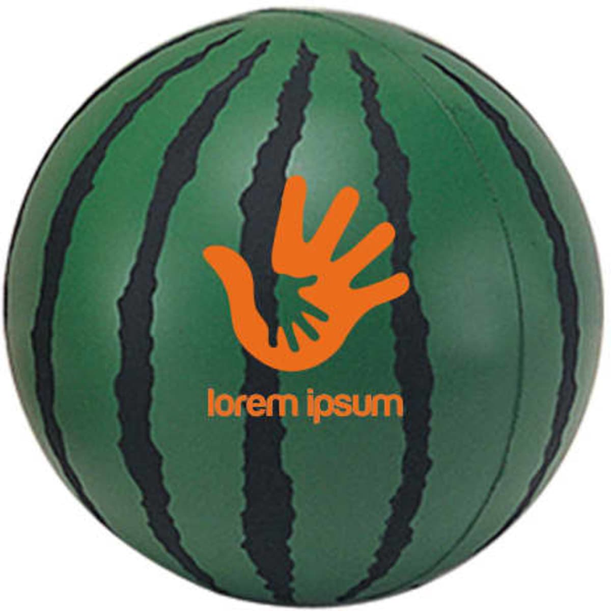 A green watermelon-shaped stress reliever with black stripes and a logo in orange.