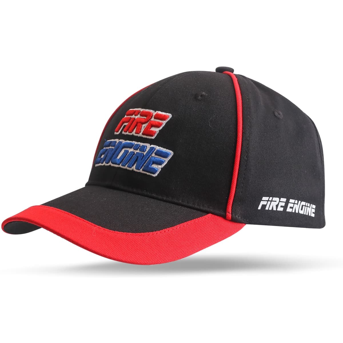 A black cap with red trim and a logo on the front. It features embroidered text in blue and red.