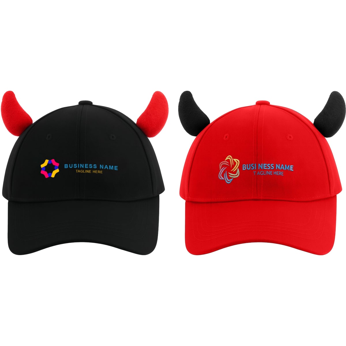 A black and a red baseball cap with horn-shaped accents and branding on the front.