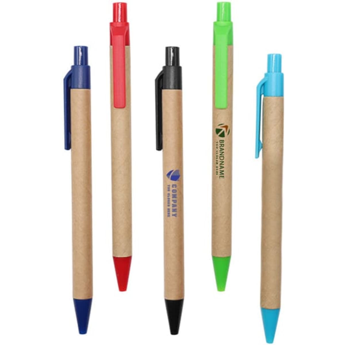 A collection of five plastic pens with kraft paper barrels in blue, black, red, green, and aqua colours, featuring logos.