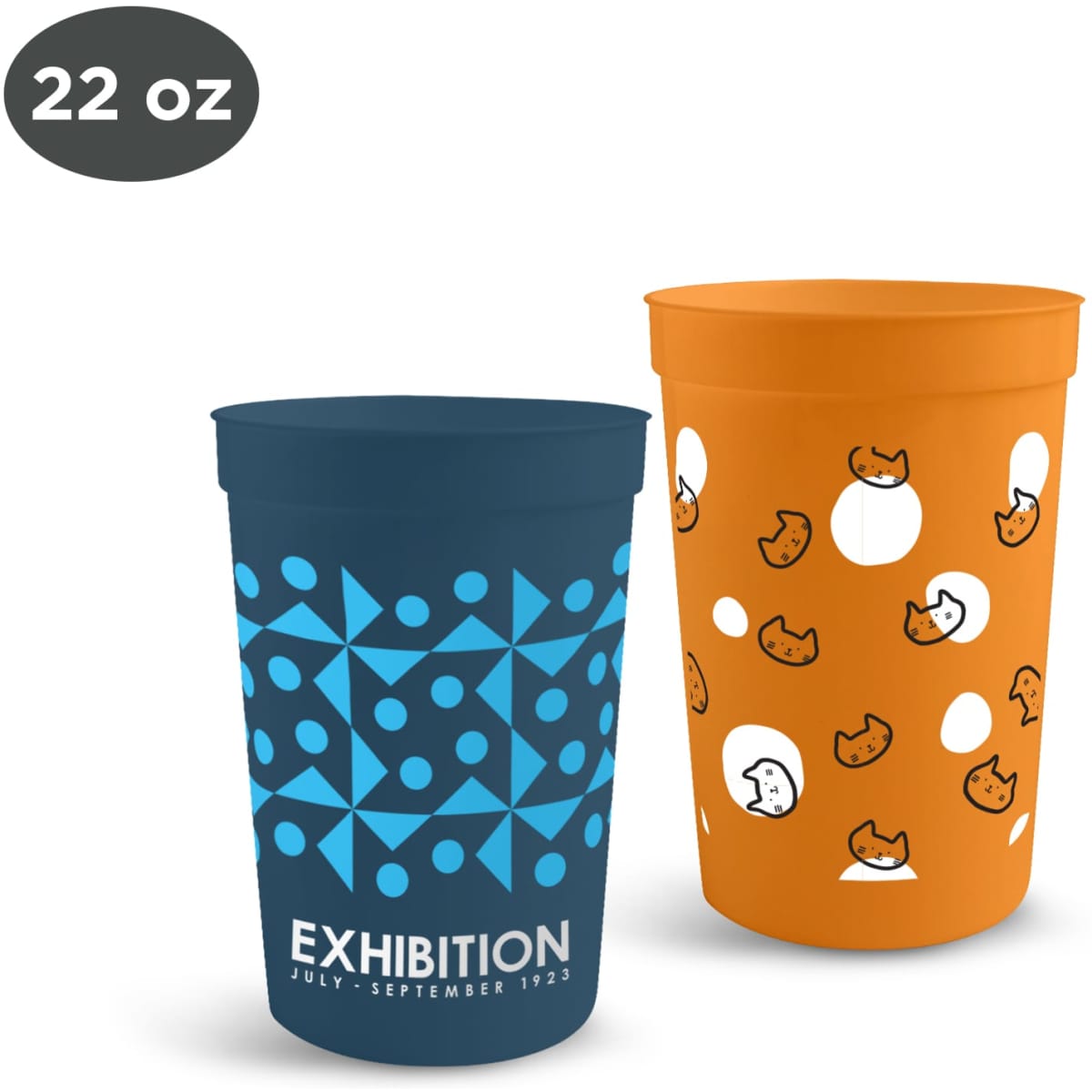 Two plastic stadium cups: one in navy with geometric patterns, the other in orange featuring playful cat designs.