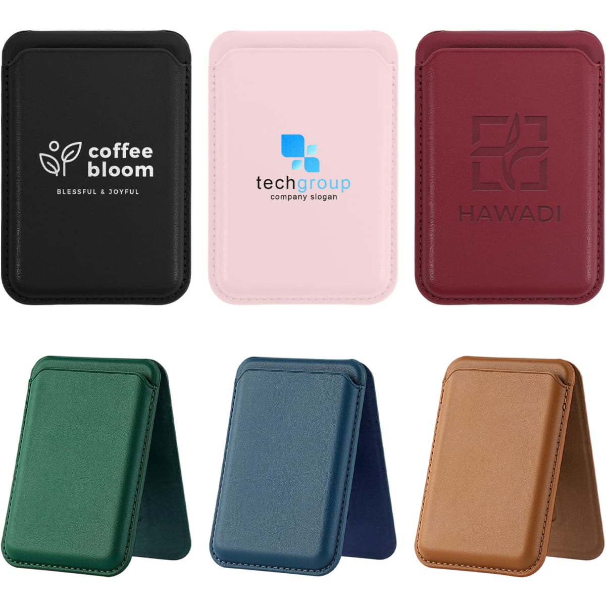 A collection of foldable magnetic card holders in black, pink, burgundy, green, and brown, featuring various logos.