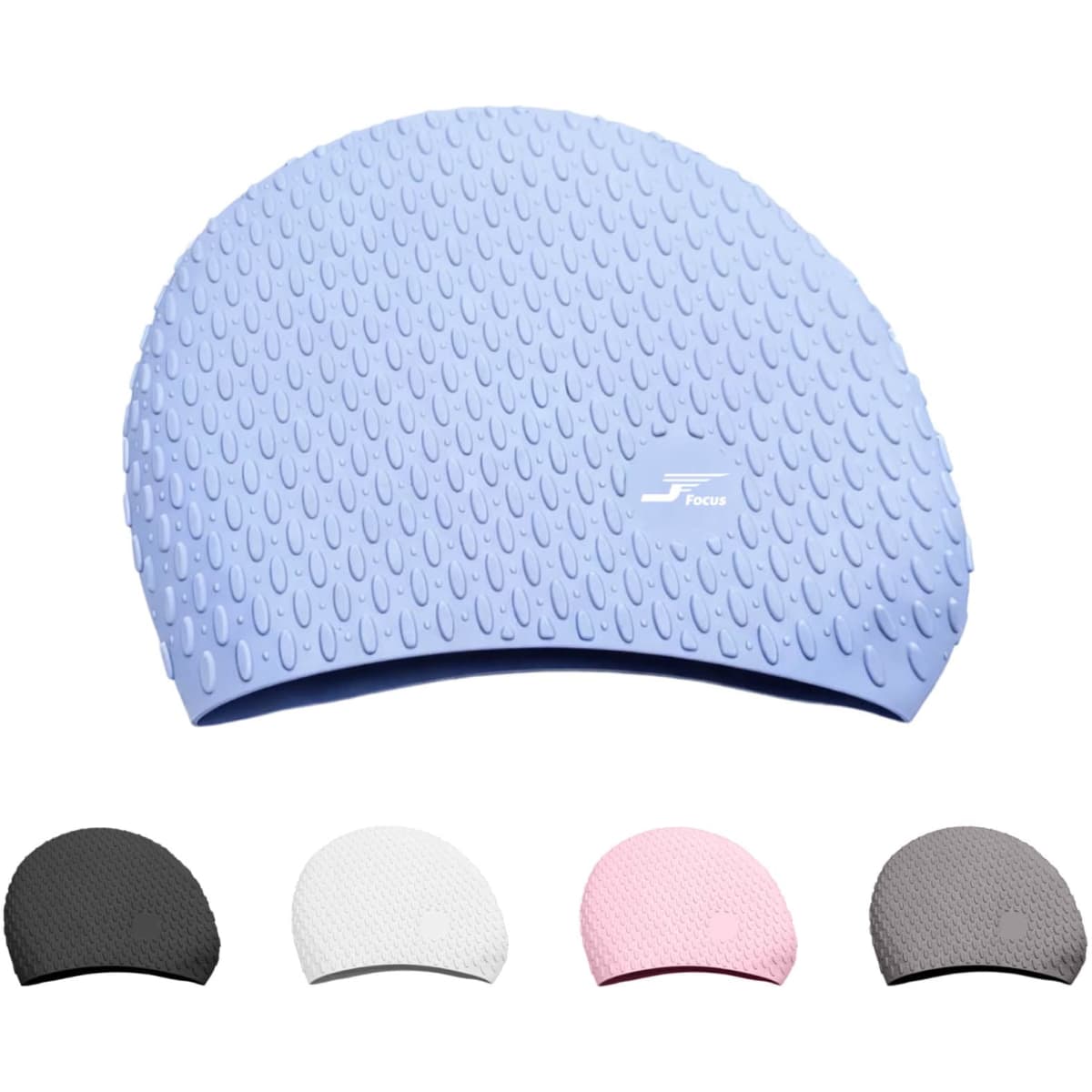 A light blue silicone swimming cap featuring textured water droplets, accompanied by caps in black, white, pink, and grey.
