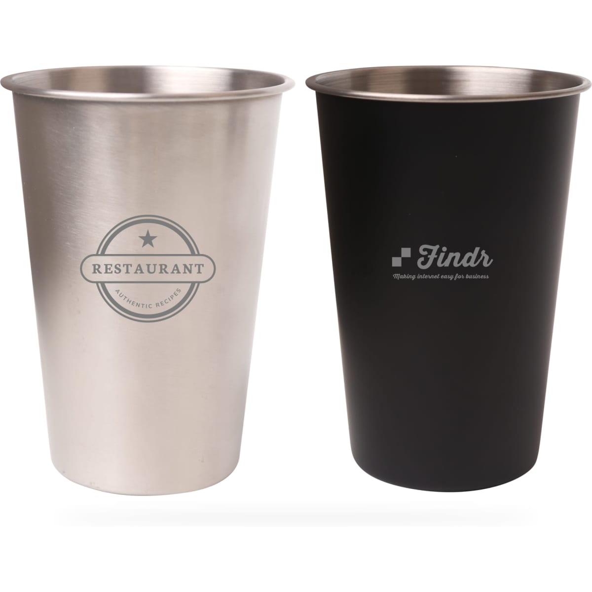 A drink bottle featuring stainless steel and matte black finishes, with branding on both cups.