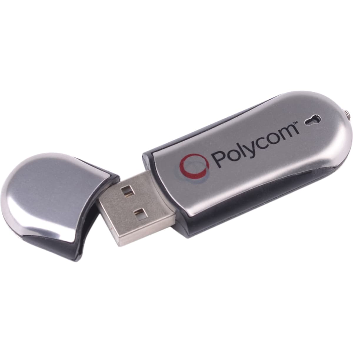 A silver and black USB flash drive with a cap, featuring a logo on the side.