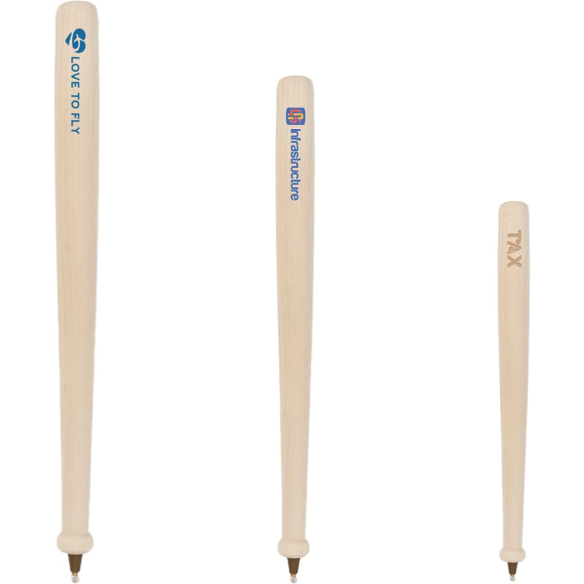 Wooden baseball bat-shaped pens in a light colour, featuring different logos on each pen.
