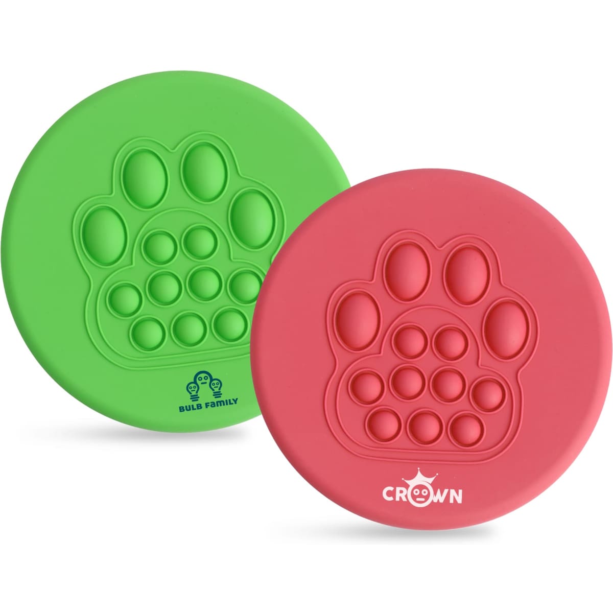 A Pop fidget frisbee set in green and pink, featuring a paw print design with several popping bubbles. Each frisbee has a logo.