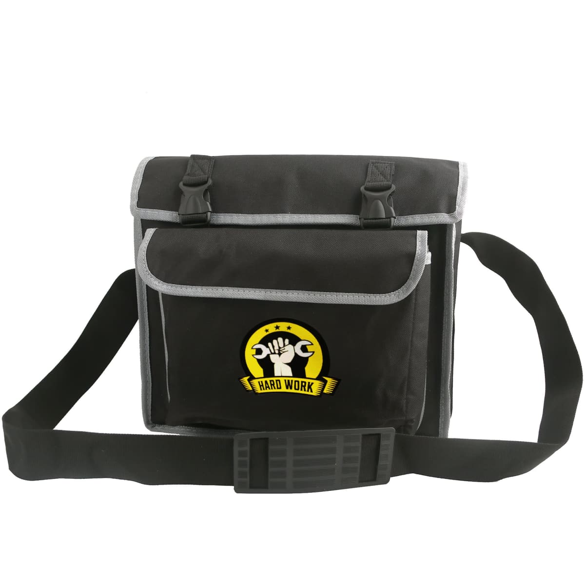 A black portable tool bag with a shoulder strap, featuring a logo and grey accents.