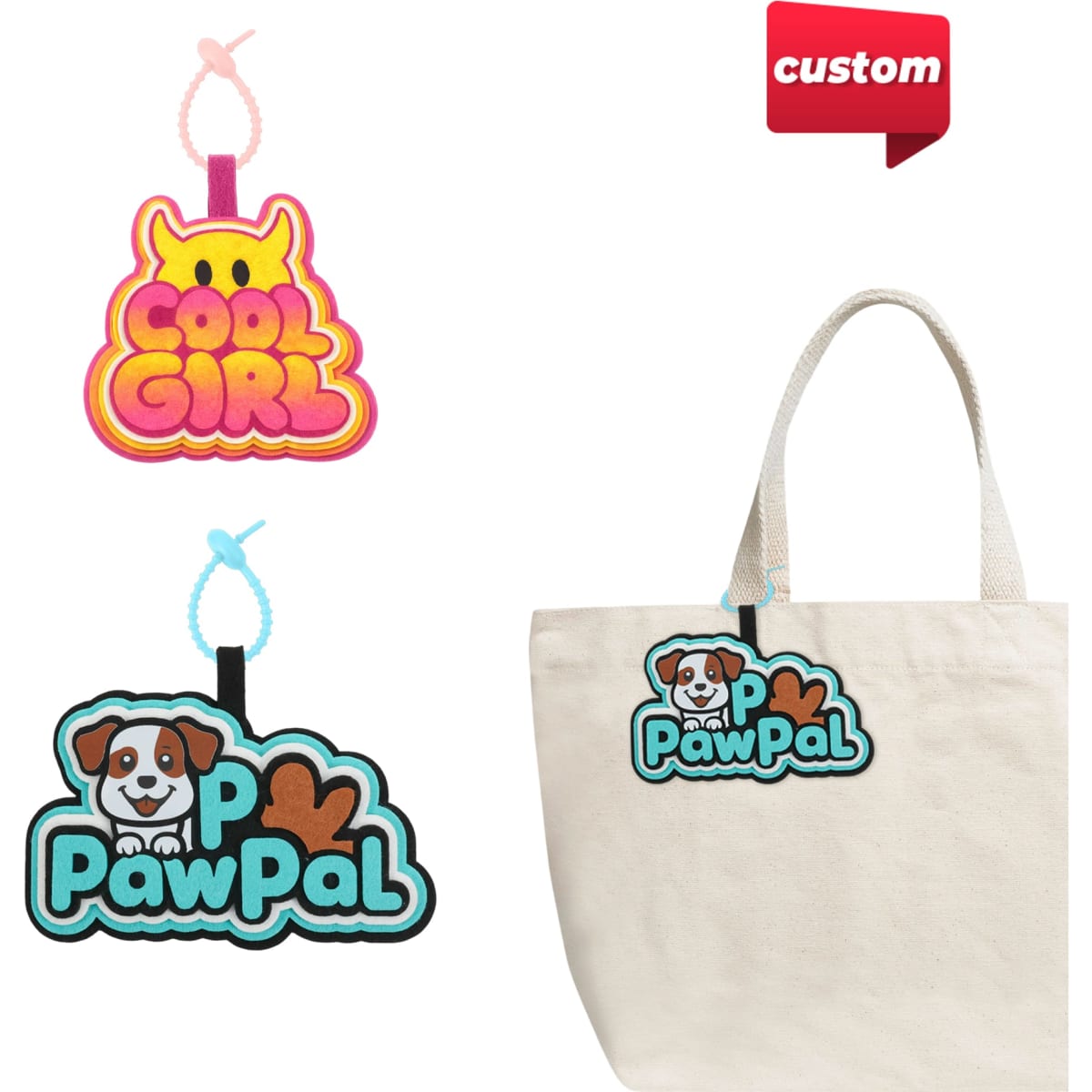 Custom felt hanging tags in pink and blue, featuring playful designs, attached to a beige tote bag.
