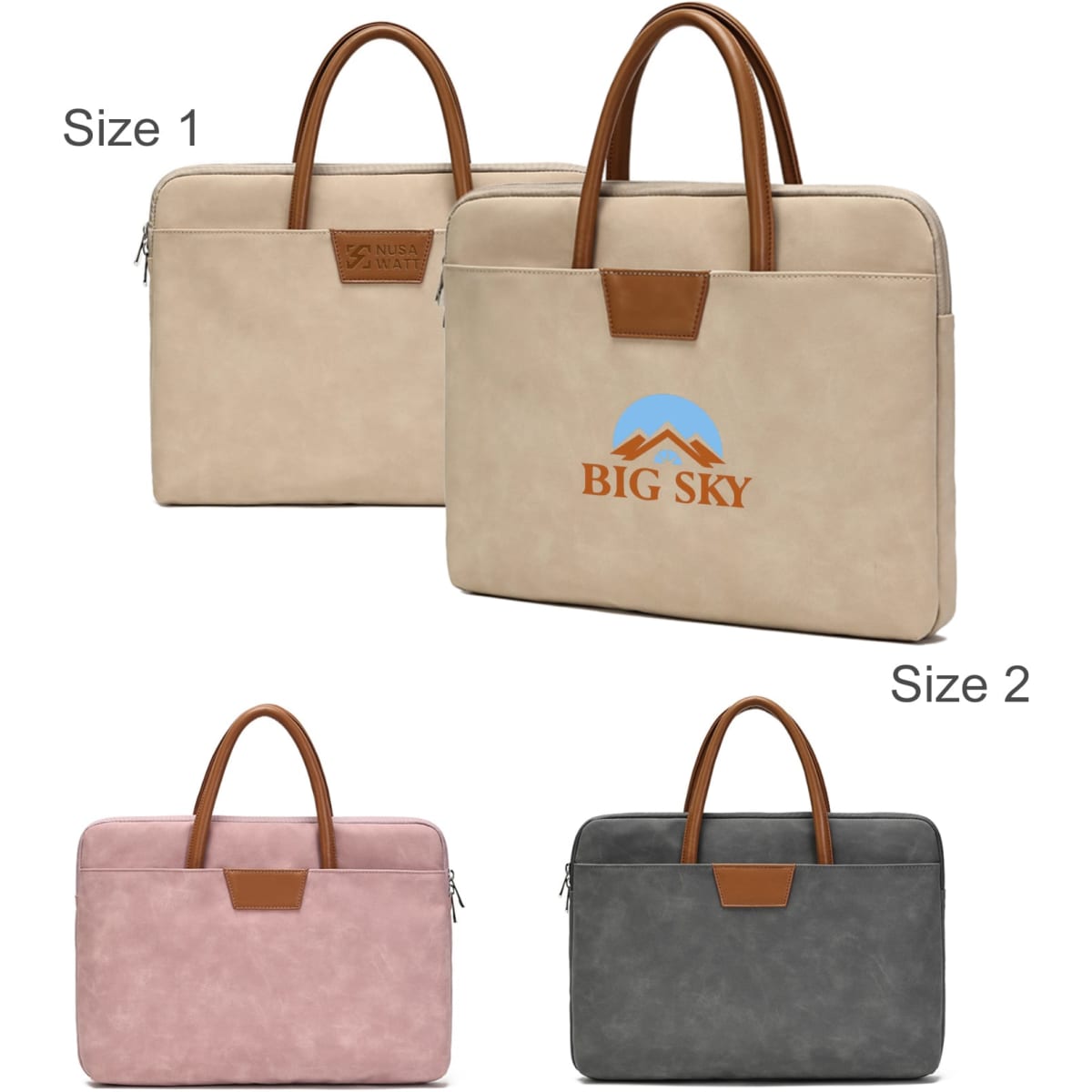 A suede PU leather laptop bag in beige, pink, and grey, featuring brown handles and a logo. Available in two sizes.