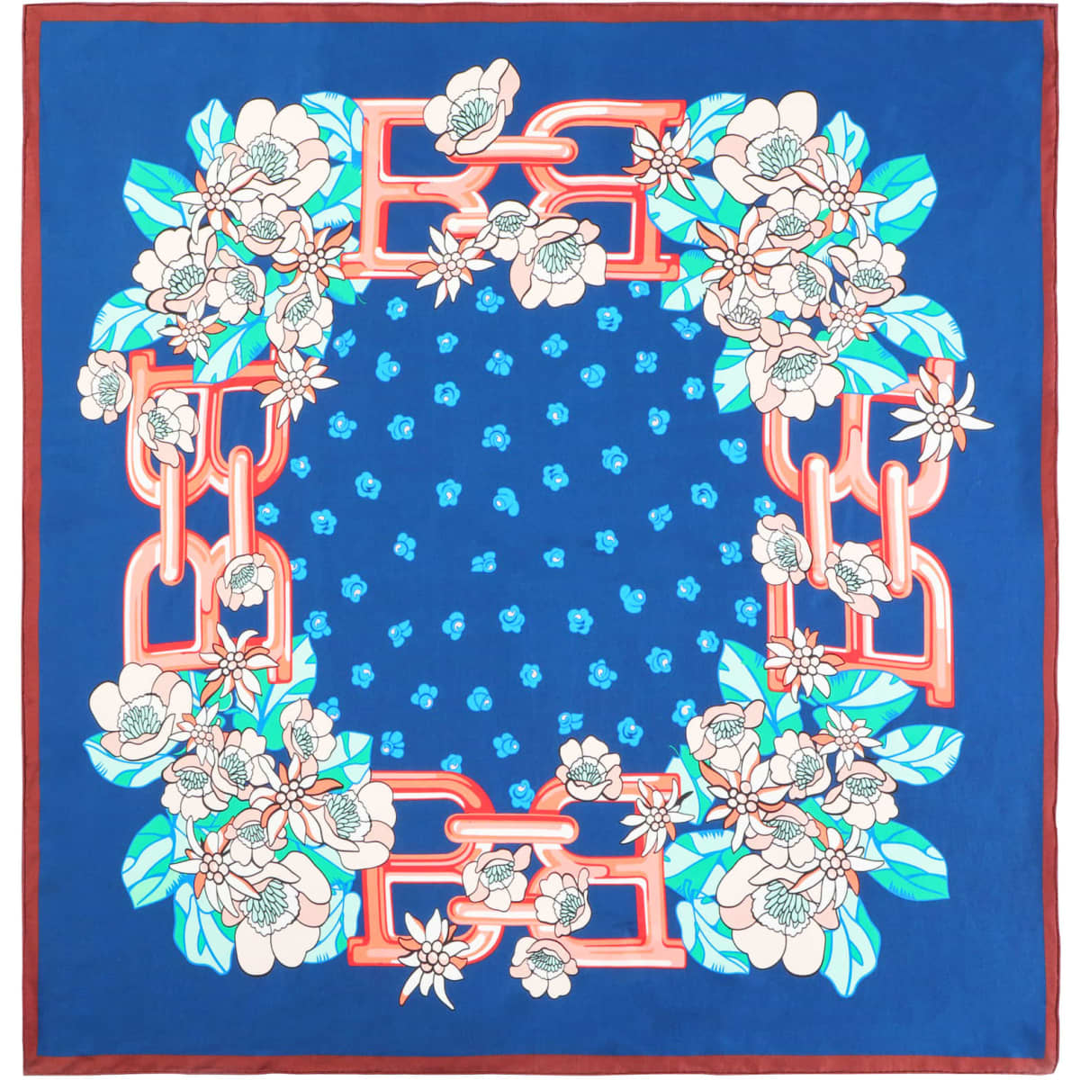 A blue silk chiffon scarf featuring a floral design and a decorative border in contrasting colours.