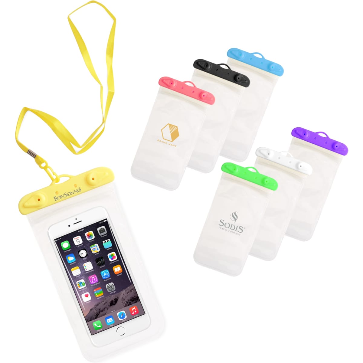 A waterproof mobile pouch in multiple colours including yellow, black, white, green, and purple, with a neck strap.