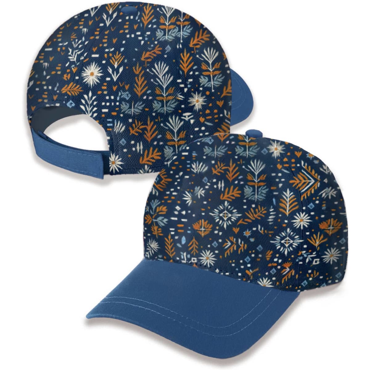 A 5 panel cap featuring a floral pattern in navy blue and orange colours, with a solid blue peak and adjustable strap.