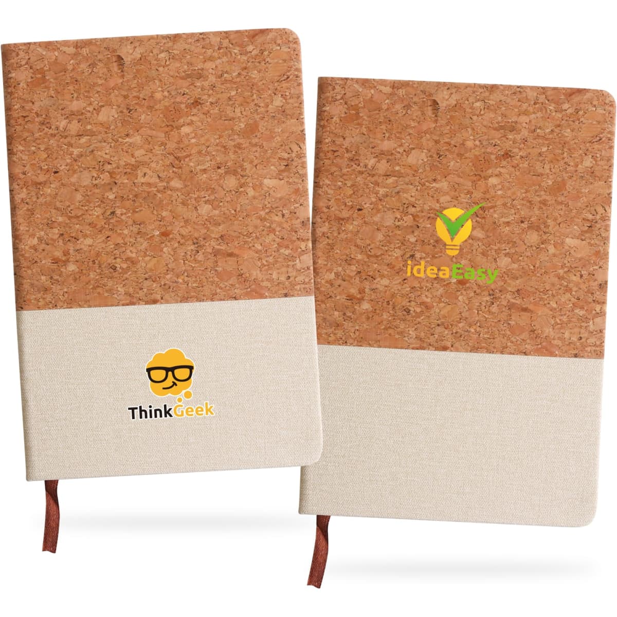 A pair of A5 notebooks featuring natural cork and cotton covers in beige and brown, with branding on the front.