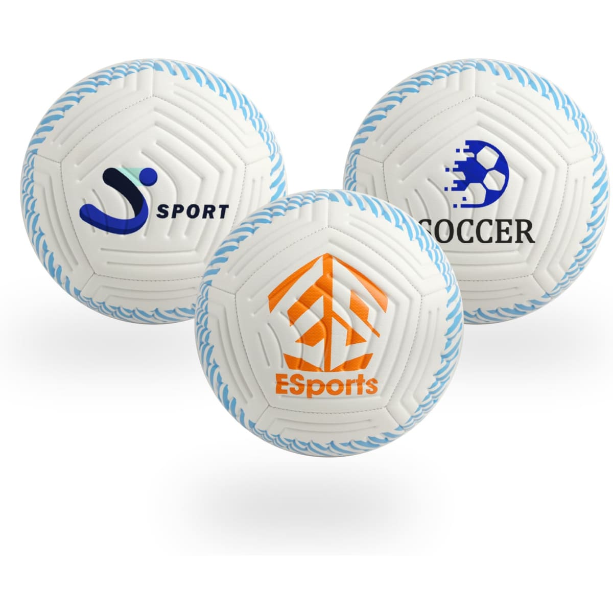 Three premium soccer balls in white with blue accents and various logos.
