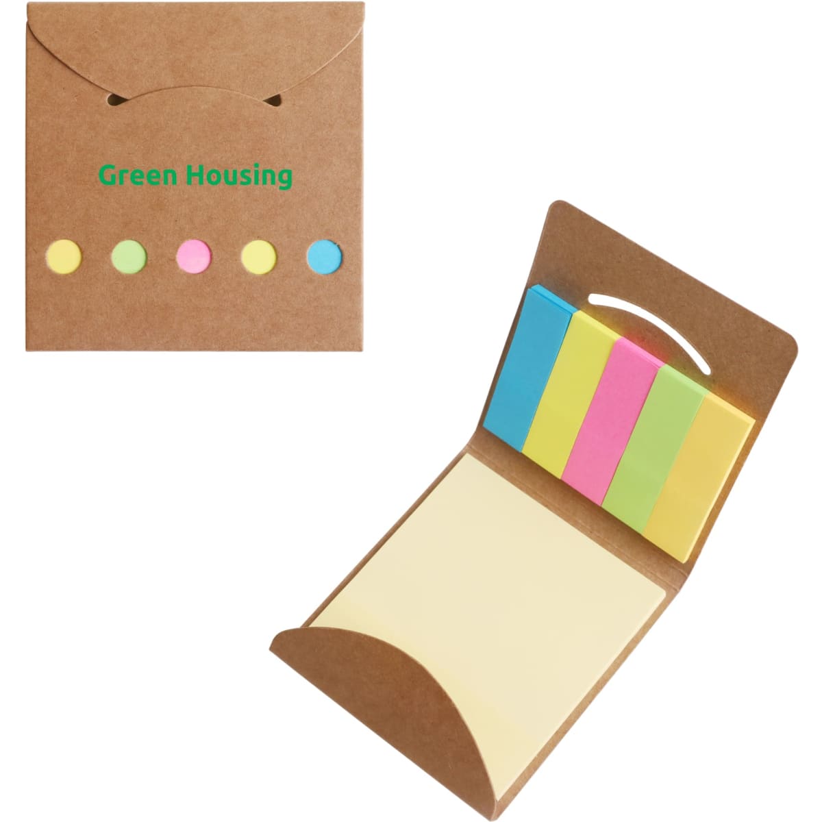 A mini sticky notes and flag set in a brown holder, featuring assorted colours: pink, blue, yellow, and green.