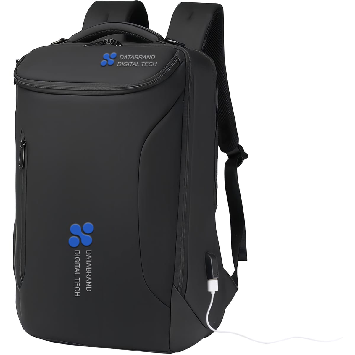 A waterproof black business backpack with a logo and USB charging port.