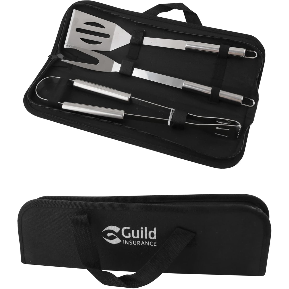 Three-piece barbecue tool set in stainless steel with a black pouch, featuring a spatula, fork, and tongs.