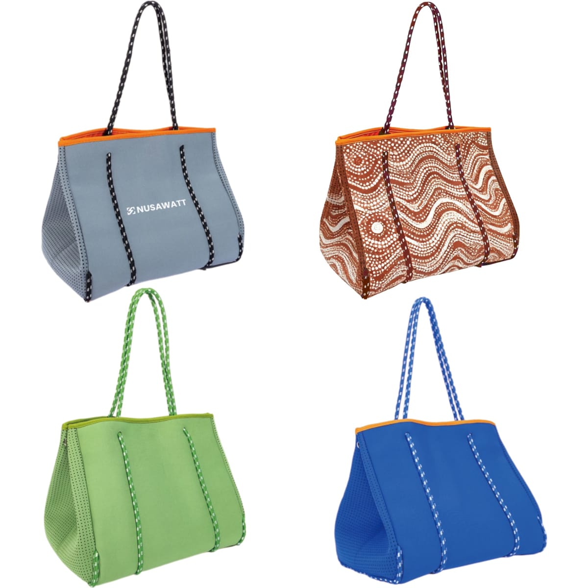 A collection of large neoprene beach tote bags in grey, green, blue, and patterned brown, featuring contrasting handles and a logo.