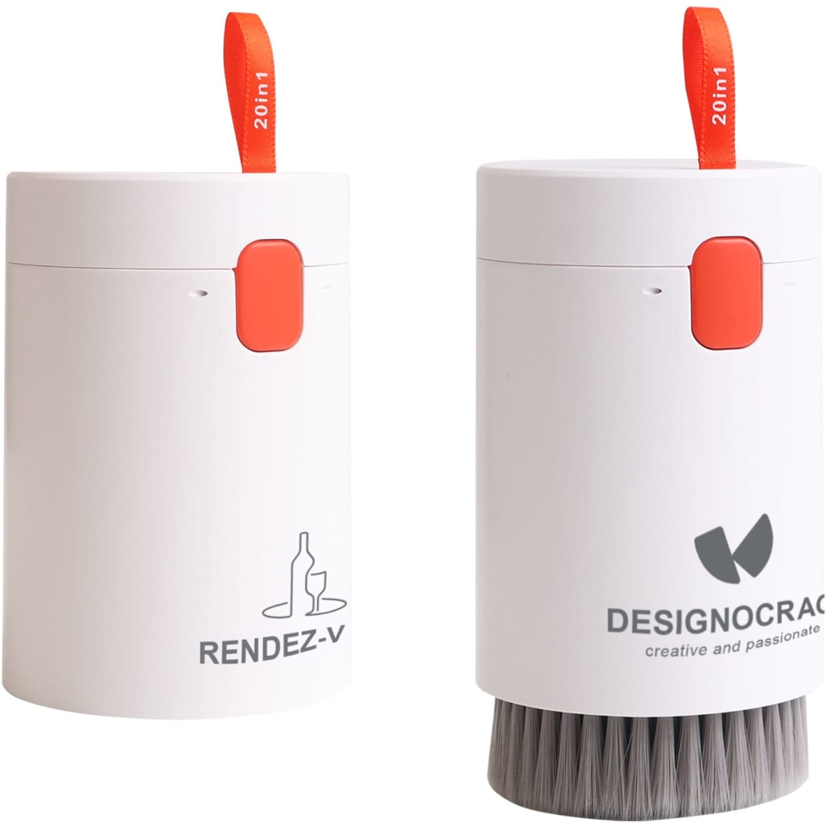 A compact white cleaning kit featuring a brush and a storage container, with an orange accent and branding on one side.