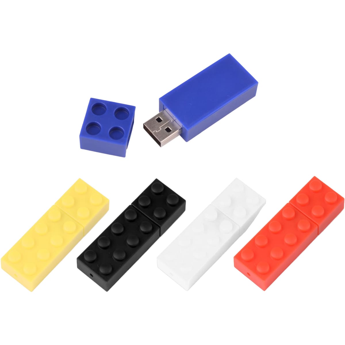A stackable brick flash drive in blue, yellow, red, black, and white. The design resembles toy building bricks and includes a logo.