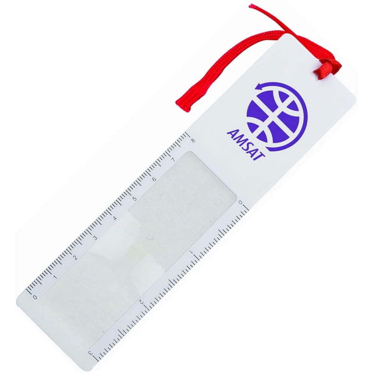 A clear magnifying bookmark ruler with a red ribbon and a logo on the top. Measures up to 15 cm.