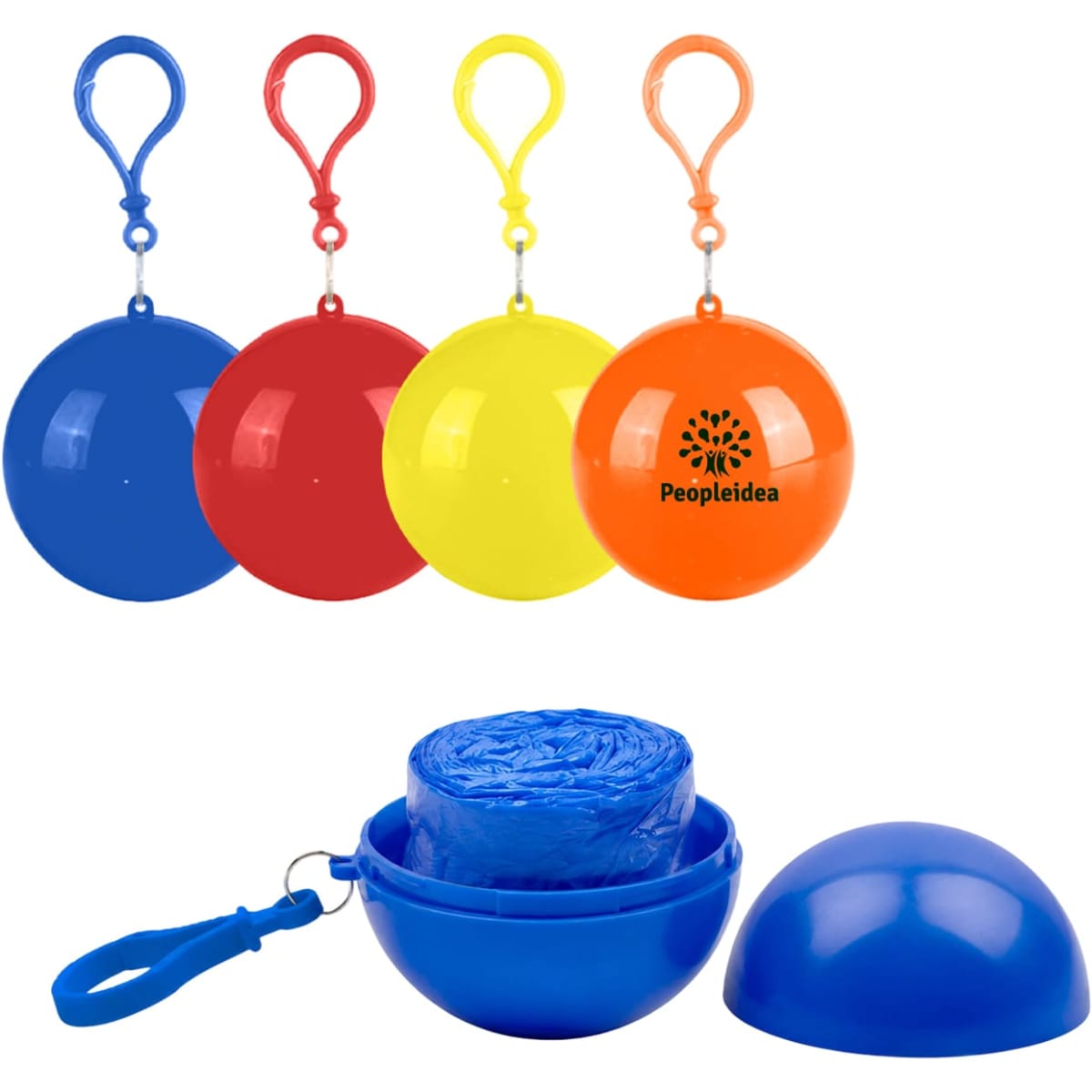 A set of four colourful rain poncho balls in red, blue, yellow, and orange, featuring a clip and a logo.