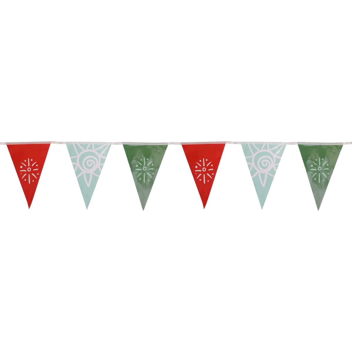 Custom paper pennant string flags featuring red and mint green triangular flags with decorative patterns.
