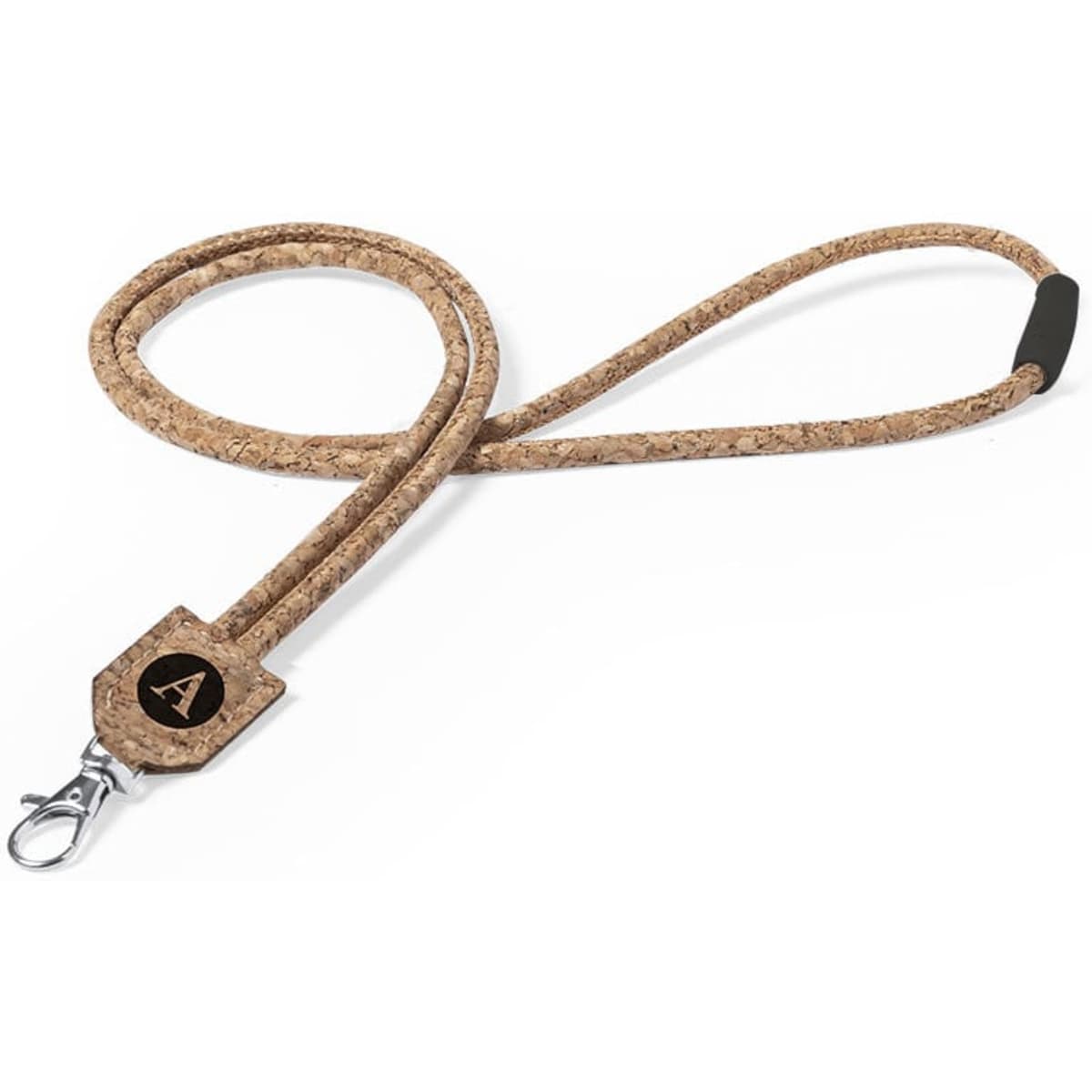 A cork lanyard in natural shades, featuring a metal clip and a small logo on the attachment end.