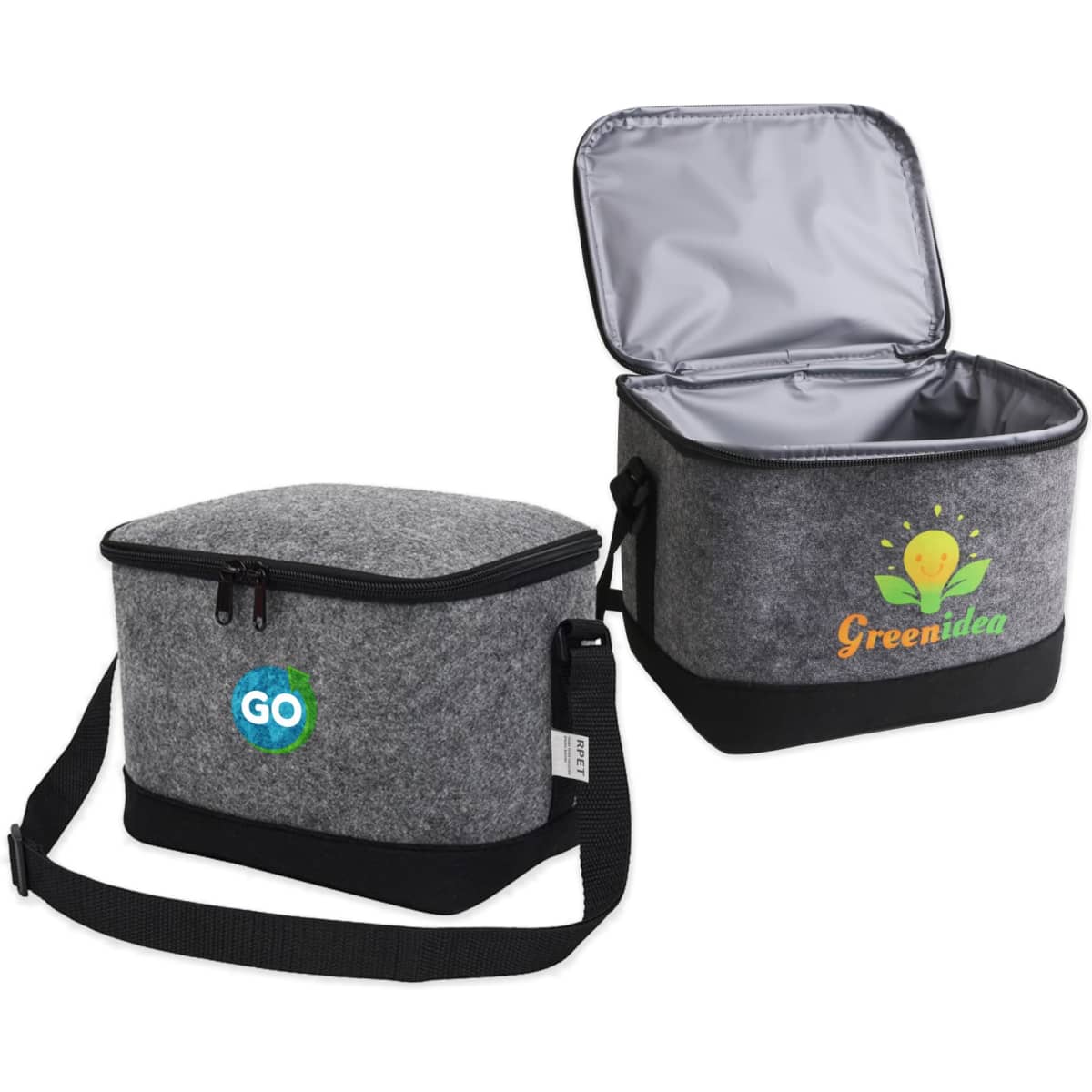 A grey felt cooler bag with a black base, featuring a shoulder strap and an open lid. Includes logo branding.