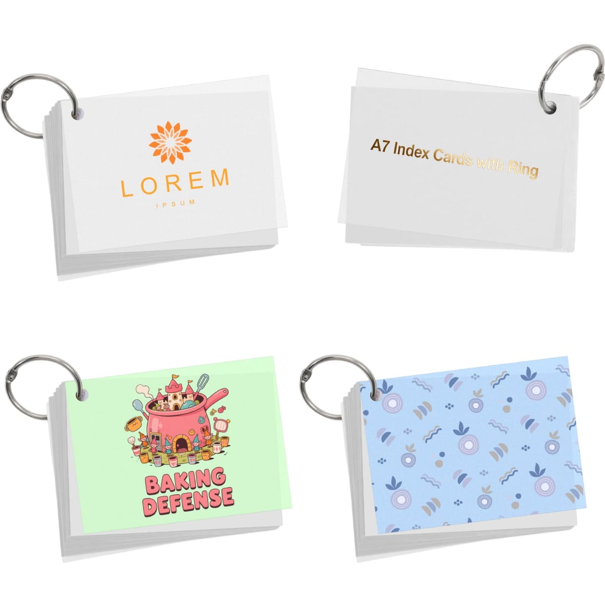 A set of A7 index cards with a ring, featuring various designs in pastel colours. It includes a logo.