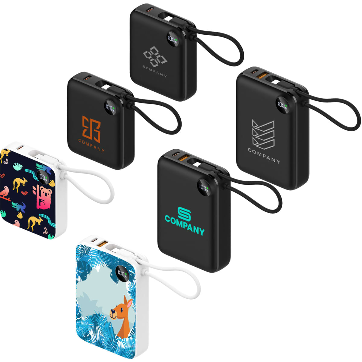 Five power banks in black and white, featuring various designs and a charging cable attached to each.