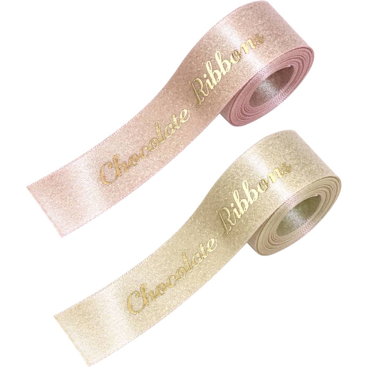 Two rolls of satin ribbon in pale pink and light gold, both with the text "Chocolate Ribbon" in gold lettering.
