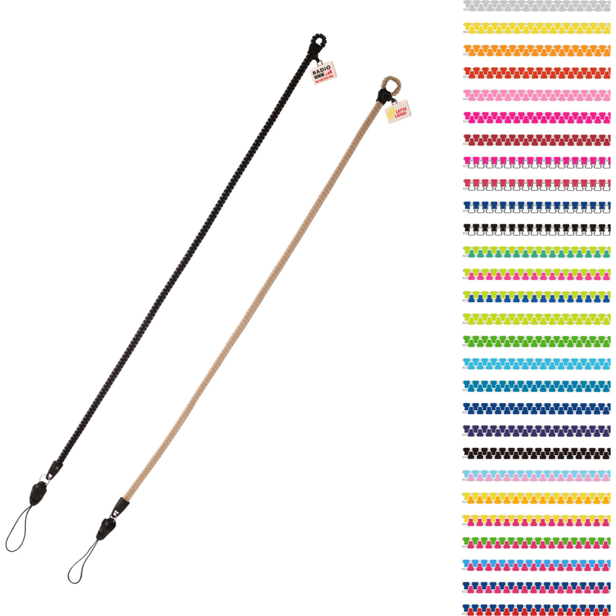 A black and a beige zipper lanyard with PVC tags, displayed alongside various colour options.