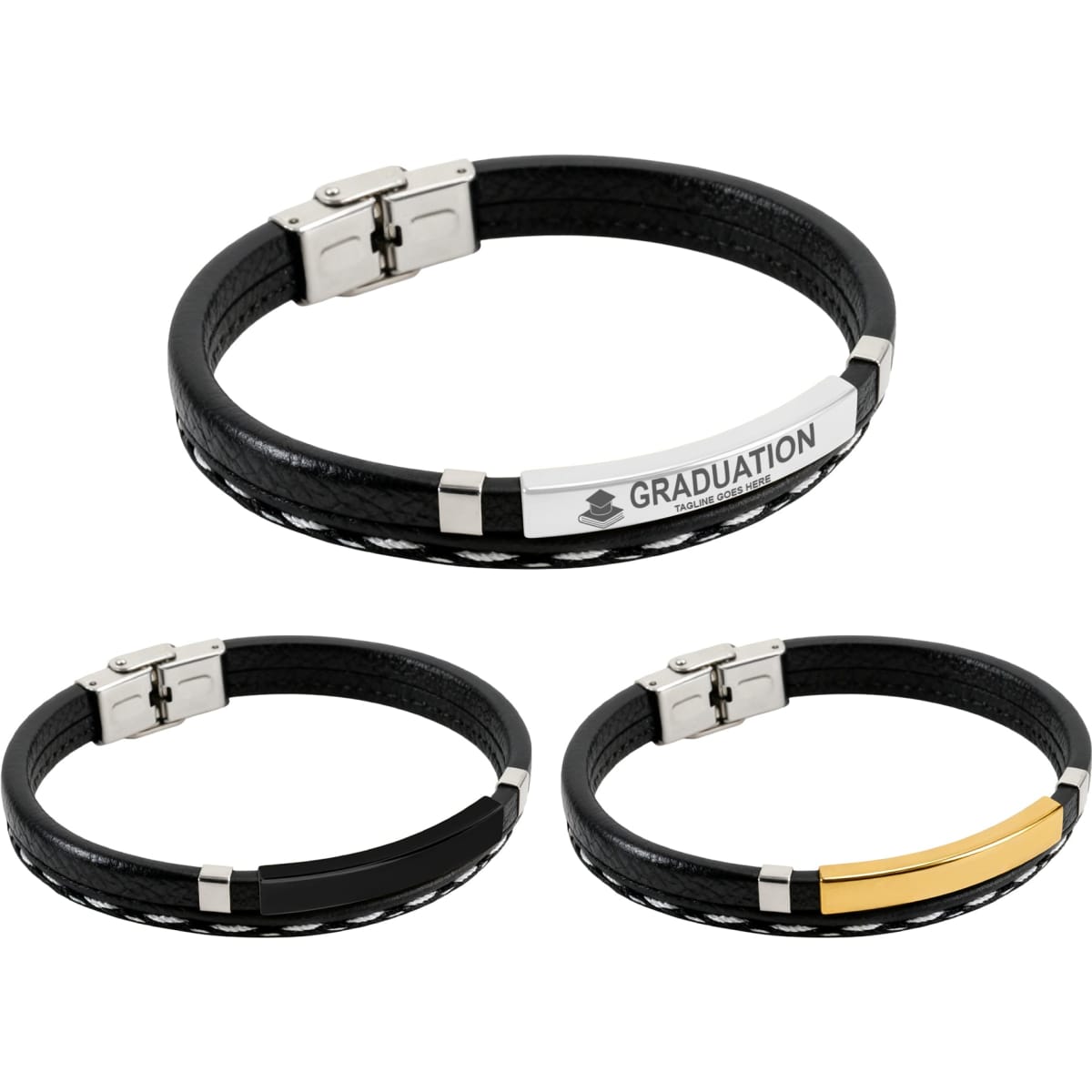 A set of three personalised leather bracelets in black, featuring metal accents. One has a graduation-themed plate.