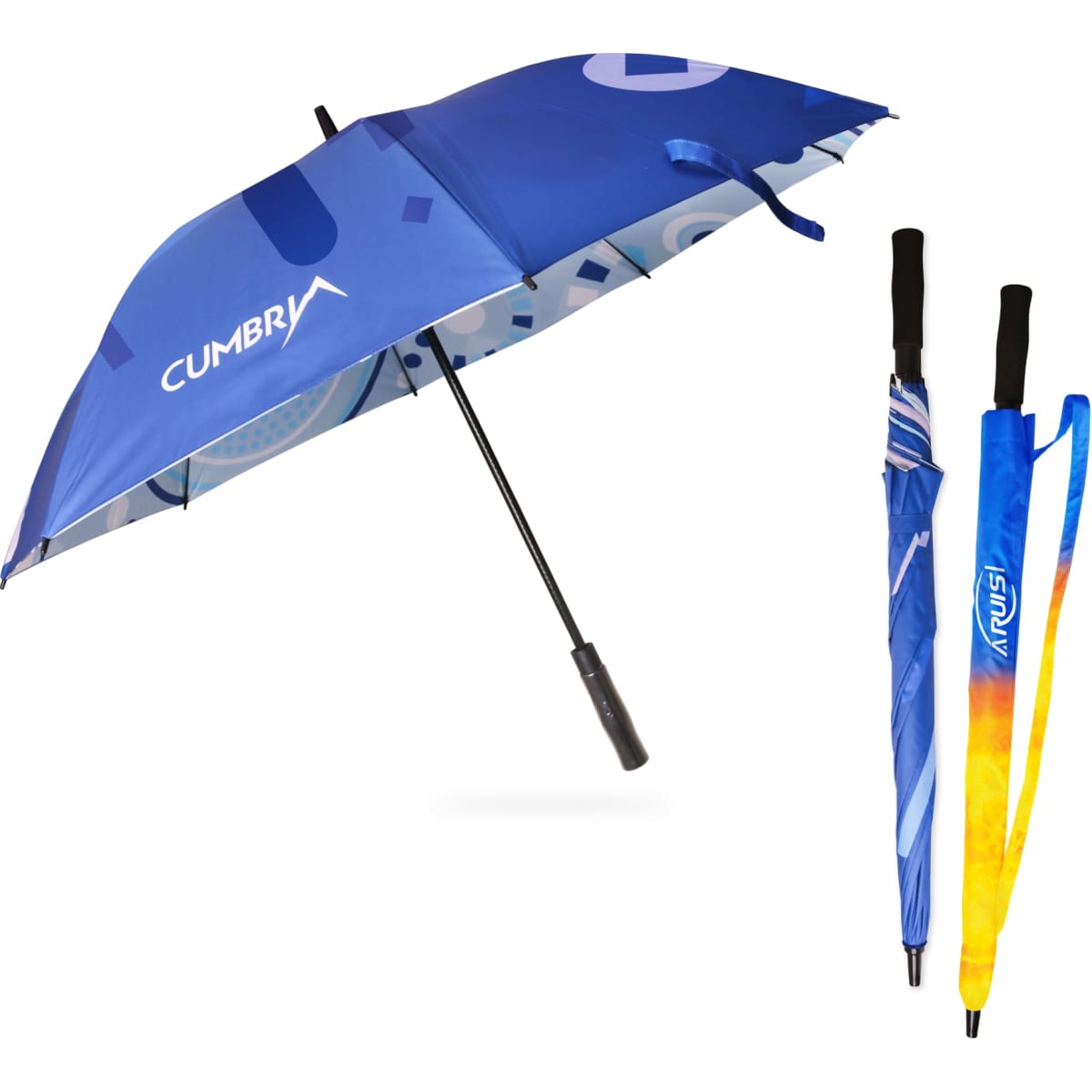 A full colour golf umbrella in blue with a logo, alongside two compact umbrellas in vibrant colours.