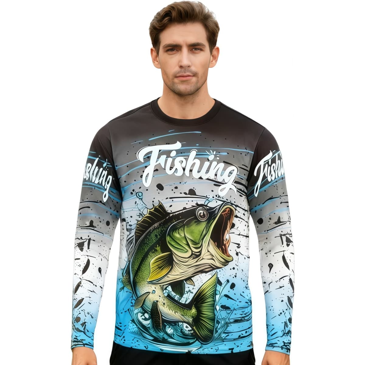A man wearing a long-sleeved fishing shirt in blue, black, and white featuring a vibrant fish graphic and branding.
