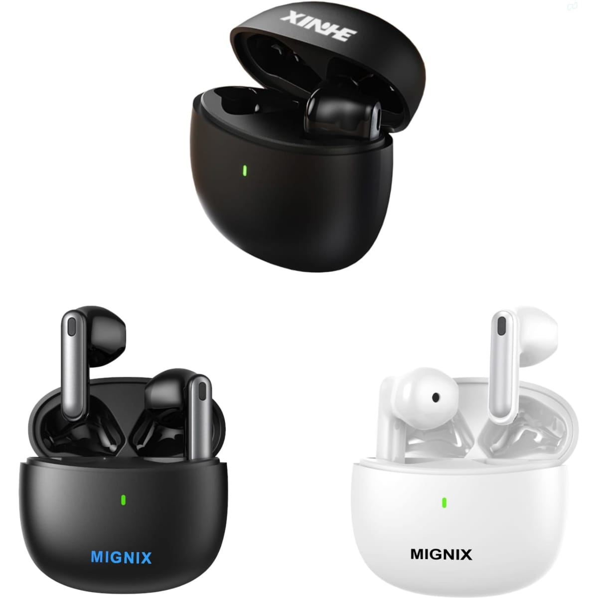 Wireless earbuds in black and white, stored in charging cases. One case features a logo.