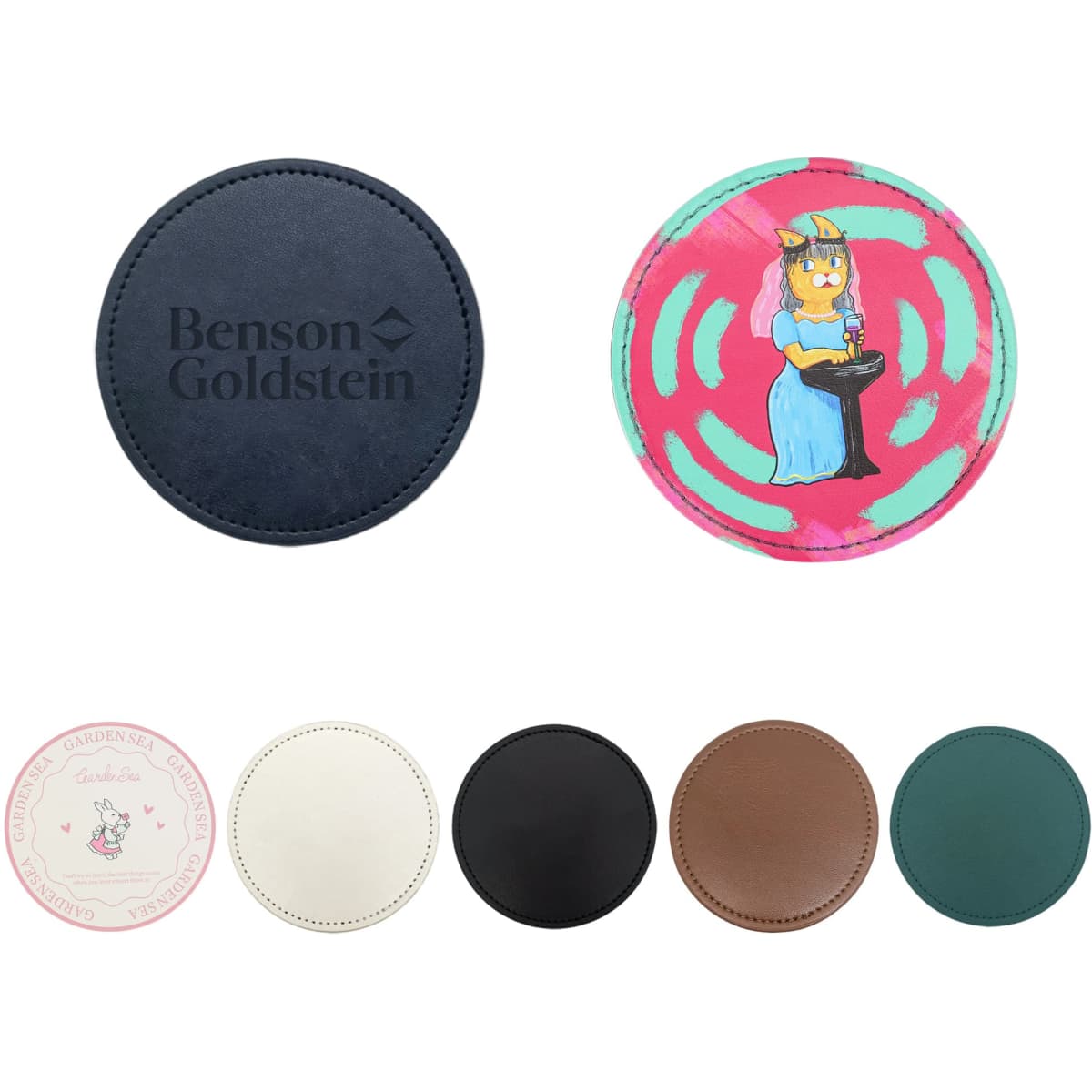 A collection of PU coasters in various colours, featuring a logo on the dark blue coaster and a design on the pink one.