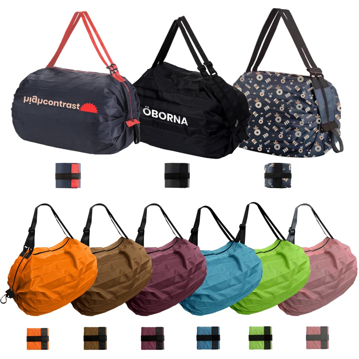 A variety of foldable shopping shoulder bags in black, orange, brown, green, blue, and pink, with adjustable straps and logos.