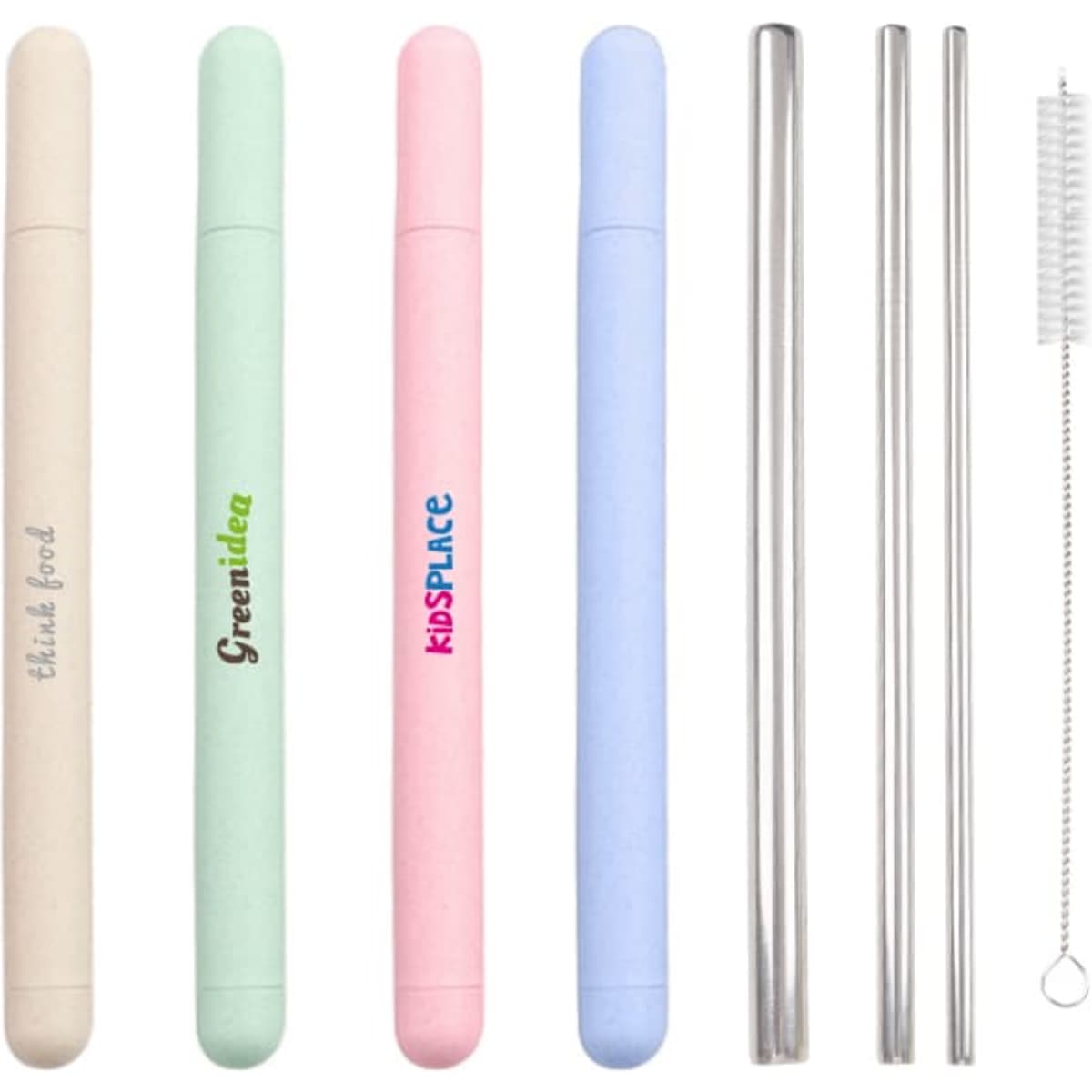 A set of eco-friendly straws in pastel colours, including a cleaning brush, with a logo on each case.