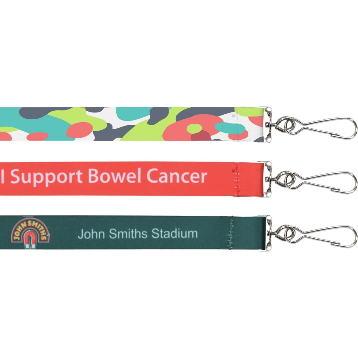 A set of three sublimation lanyards in camo, red, and green, each featuring clips and various designs.