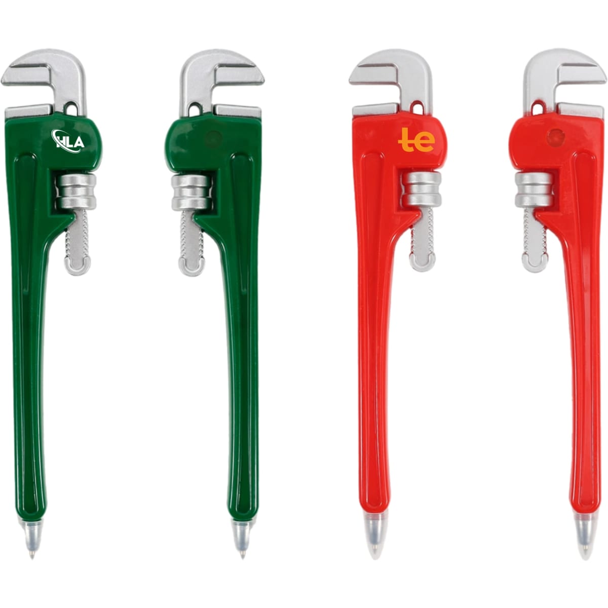 A pipe wrench-shaped ballpoint pen in green and red, each featuring a logo.