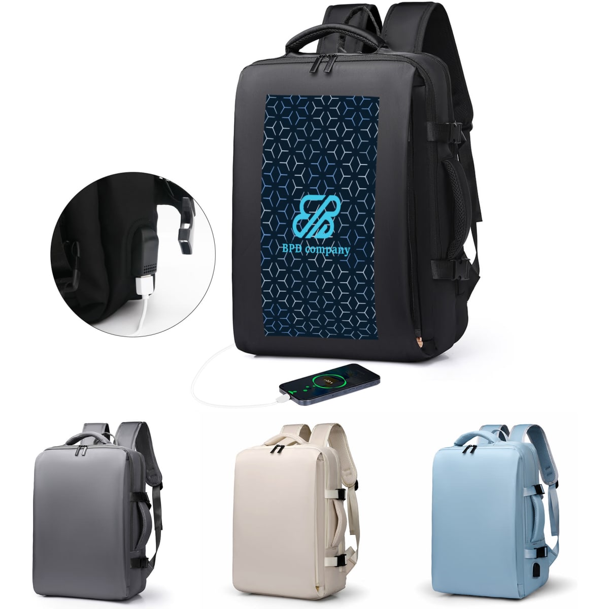 A carry-on travel backpack in black with a logo, featuring a USB port, shown alongside grey, cream, and blue versions.