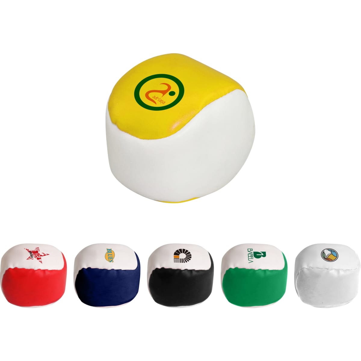 A colourful hacky sack featuring yellow and white, with various coloured designs on other sacks. Includes branding elements.