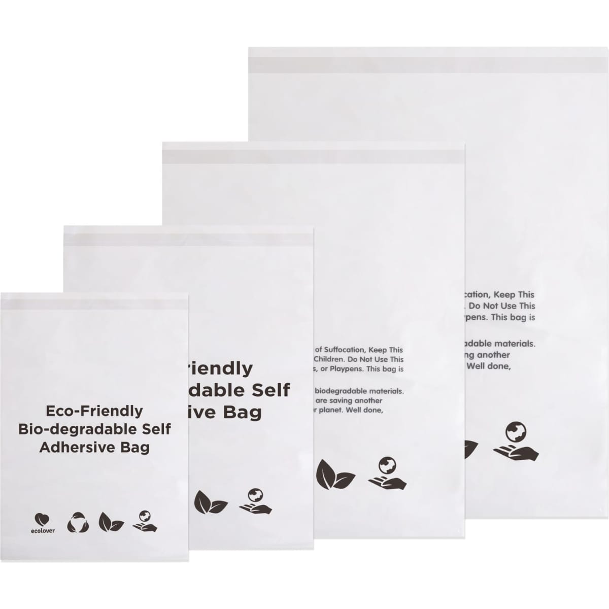 A set of four white biodegradable self-adhesive bags of varying sizes, featuring a logo and eco-friendly symbols.