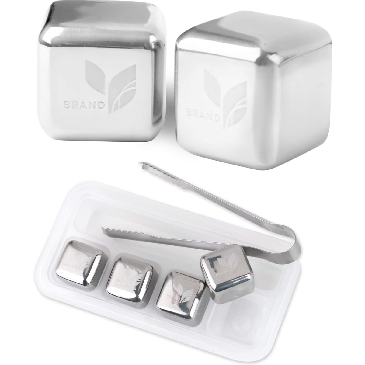 A stainless steel ice cube set featuring four silver cubes and a pair of tongs, presented in a white tray.